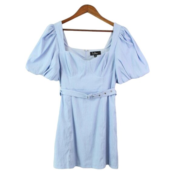 Lulus Dedication to Detail Light Blue Puff Sleeve Belted Mini Dress Size M - Picture 2 of 9